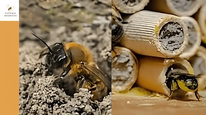 to the left, there is a ground nesting bee and to the right, there is a cavity nesting bee.